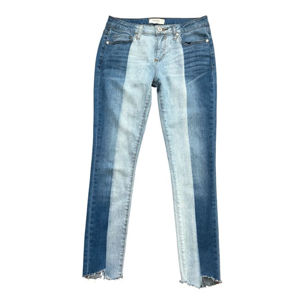 Insider Two Tone Skinny Jeans Size 7 Blue Colorblock Raw Hem Stretch Denim